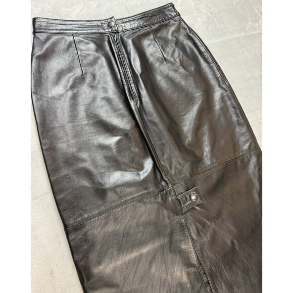 Vintage Dominique Leather Black Size 10 High Waist Midi Pleated 80s 90s - Picture 10 of 11